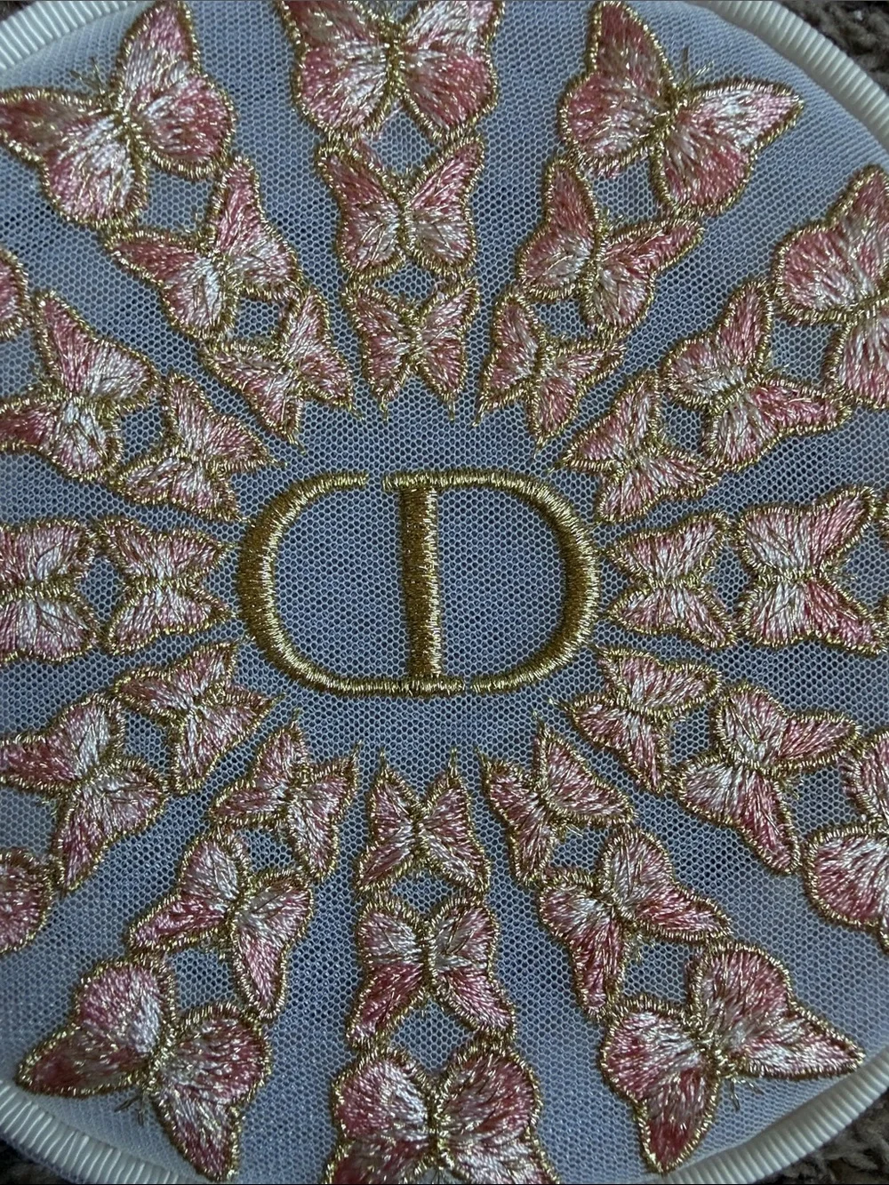Dior Cream Round Cosmetic Case with Gold and Pink Butterfly Embroidery